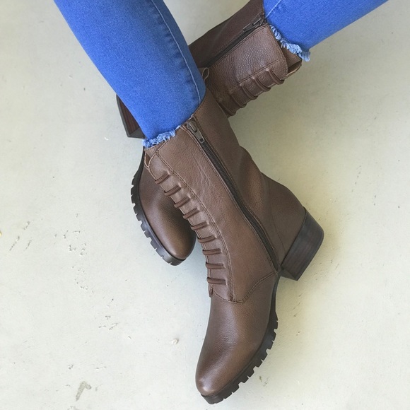 Texas Coffee Leather Distressed Combat Moto Boots - Picture 2 of 8